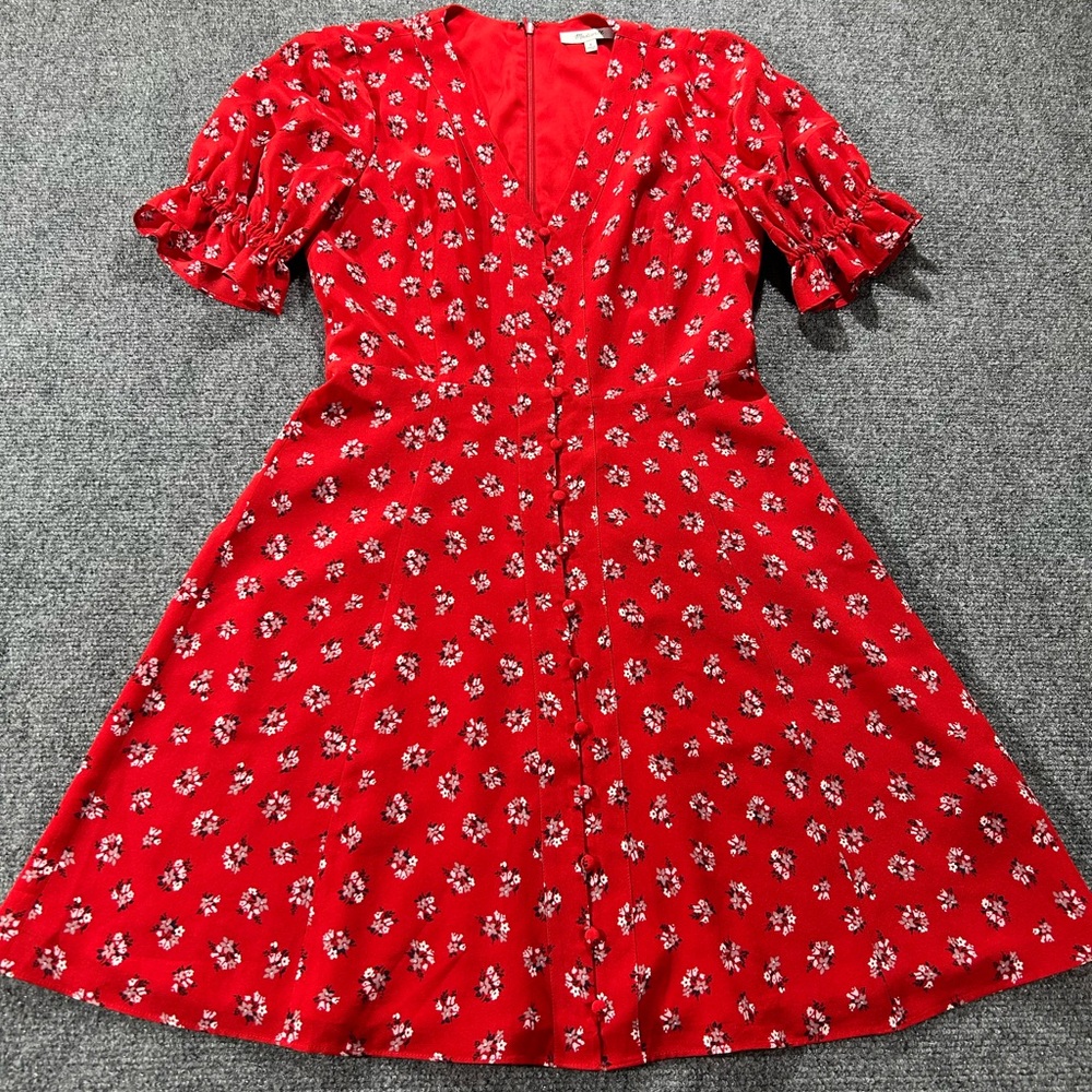 Madewell 100% Silk Puff-Sleeve Button-Front Mini Dress Cherry Floral